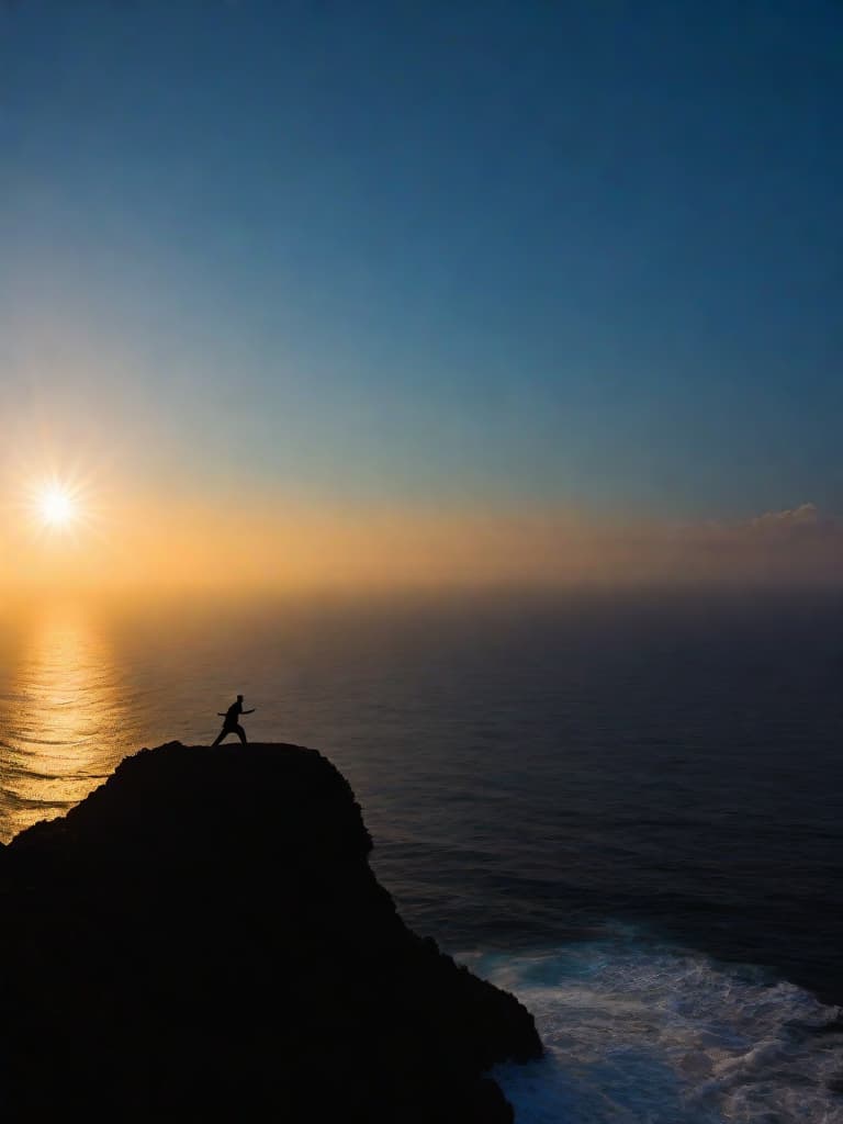  Close up of the silhouette of a man doing Thai Chi on a cliff overlooking the ocean with a sunrise in the background. RAW, realistic