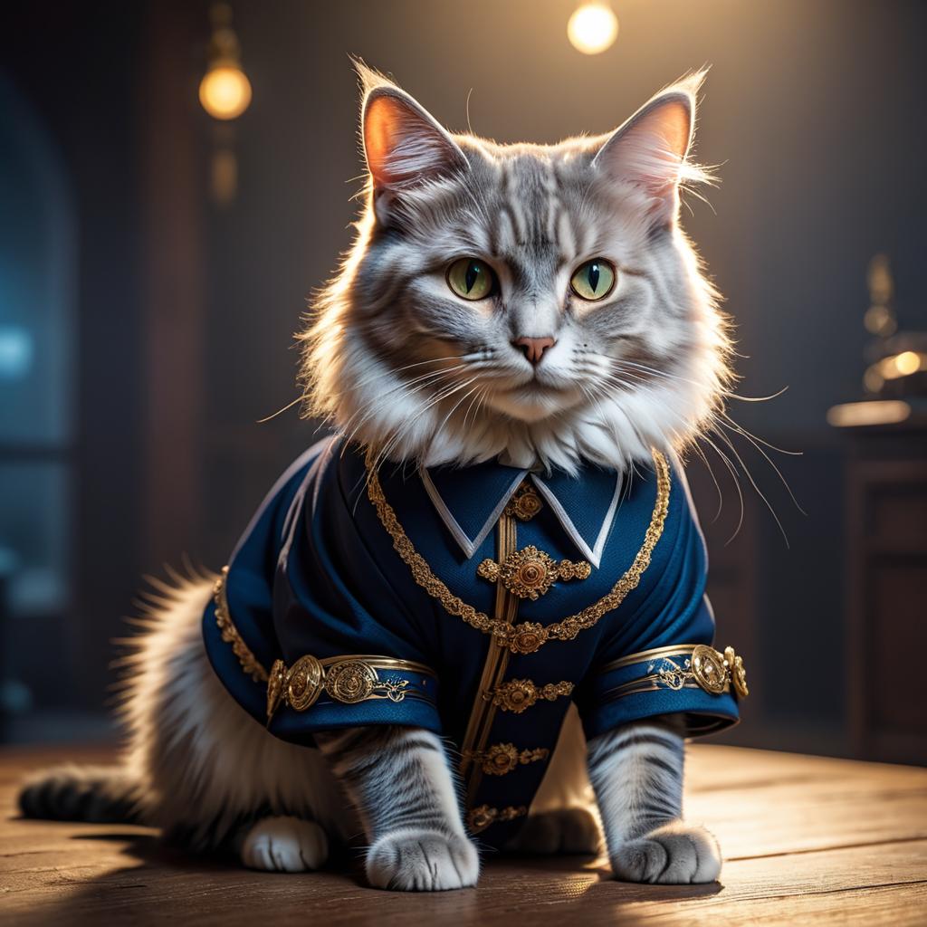  cat hyperrealistic, full body, detailed clothing, highly detailed, cinematic lighting, stunningly beautiful, intricate, sharp focus, f/1. 8, 85mm, (centered image composition), (professionally color graded), ((bright soft diffused light)), volumetric fog, trending on instagram, trending on tumblr, HDR 4K, 8K