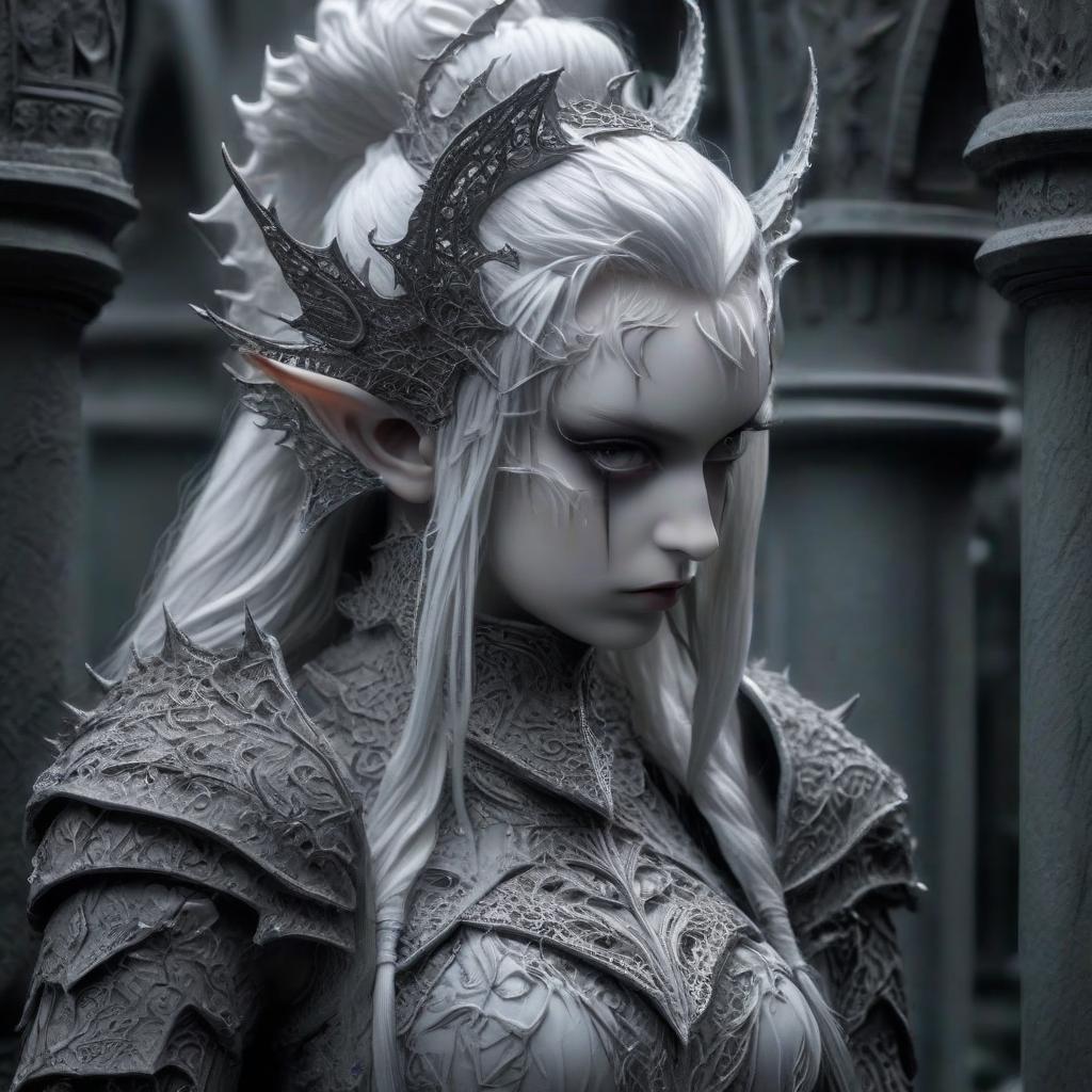  macabre style julia parshut in the form of the queen of elves, a thief fighter with white pigtails, in white steel openwork armor. full height in a dark room with gray columns. . dark, gothic, grim, haunting, highly detailed, perfecteyes, perfect hands