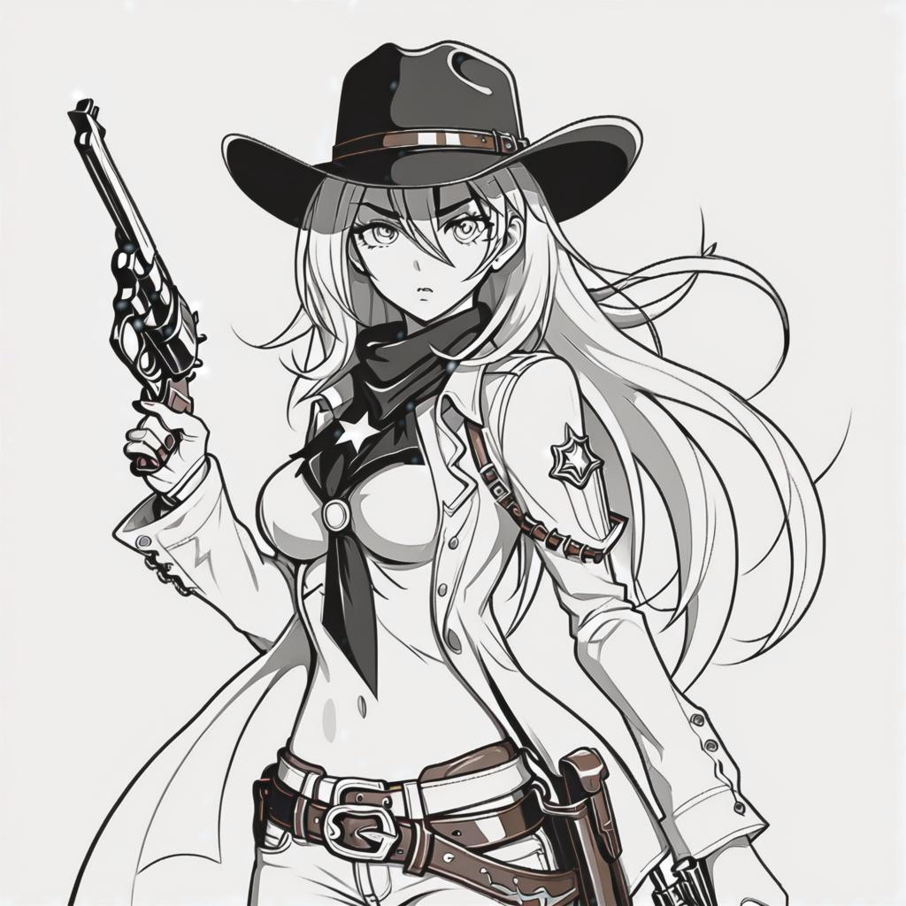  line art drawing cowboy girl with six shooter, same nightmare. anime style . professional, sleek, modern, minimalist, graphic, line art, vector graphics