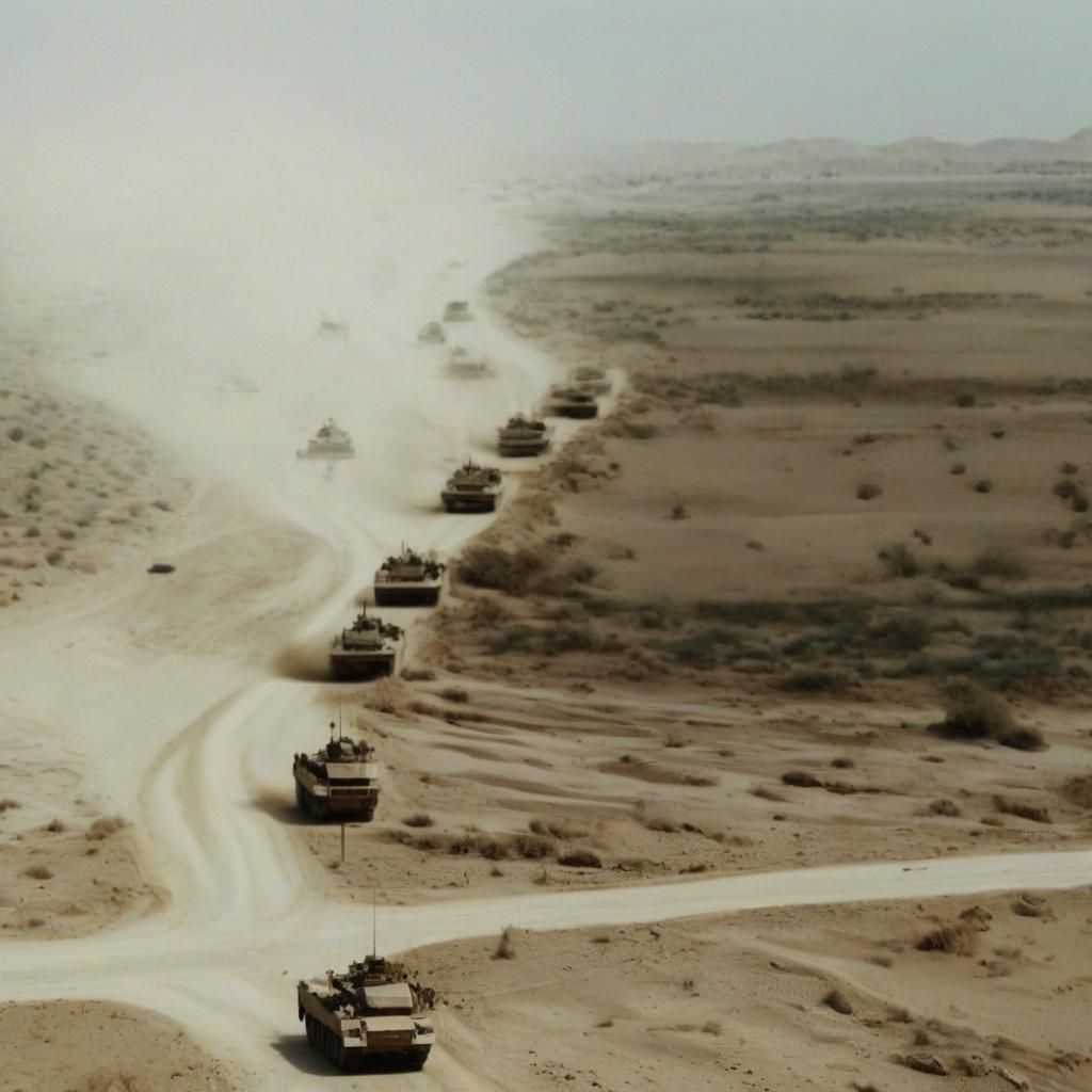  cinematic photo a desert in afghanistan. a sandy road, a column of military equipment moves along the road. a bird's eye view. . 35mm photograph, film, bokeh, professional, 4k, highly detailed