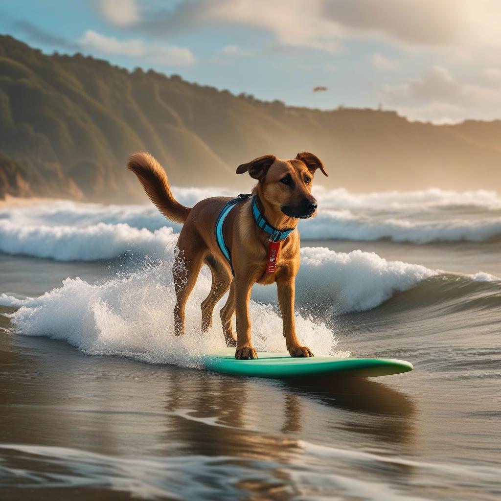  Dog surfing hyperrealistic, full body, detailed clothing, highly detailed, cinematic lighting, stunningly beautiful, intricate, sharp focus, f/1. 8, 85mm, (centered image composition), (professionally color graded), ((bright soft diffused light)), volumetric fog, trending on instagram, trending on tumblr, HDR 4K, 8K