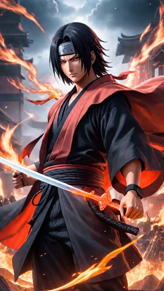  anime art: itachi uchiha with fully mastered susanoo wielding the totsuka blade and yata mirror. hyperrealistic, full body, detailed clothing, highly detailed, cinematic lighting, stunningly beautiful, intricate, sharp focus, f/1. 8, 85mm, (centered image composition), (professionally color graded), ((bright soft diffused light)), volumetric fog, trending on instagram, trending on tumblr, HDR 4K, 8K