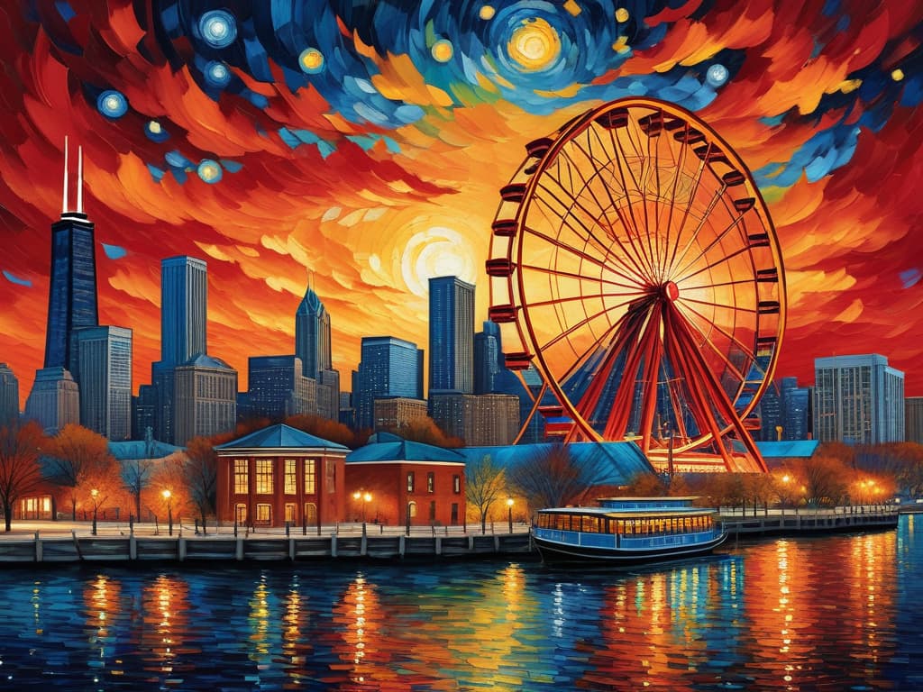  concept art chicago’s centennial ferris wheel, chicago’s navy pier, chicago skyline with prominent towers like willis, hancock, crains communication (slice building) with colorful van gogh swirls in the sky, van gogh's starry starry night with colorful red and orange swirls in the beautiful night sky, hyper realistic, chicago skyline, mesmerizing, intricate details, flambient golden and red sunrise, dramatic lighting, epic composition, wide angle, cinematic, masterpiece, high resolution, sharp details, best quality, 4k, raw photo, van gogh influence, studio lighting, impressionist, bold colors, starry sky, architectural elements, medium format lens, high angle, cityscape, city life, metropolitan, van gogh's brushstrokes, van gogh's shad