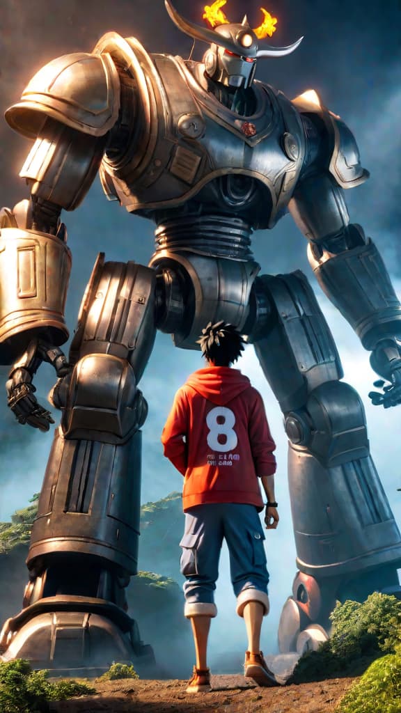  anime art: luffy activates joyboy's haki in a colossal ancient robot, sending shockwaves, terrifying the five elders and even imu. hyperrealistic, full body, detailed clothing, highly detailed, cinematic lighting, stunningly beautiful, intricate, sharp focus, f/1. 8, 85mm, (centered image composition), (professionally color graded), ((bright soft diffused light)), volumetric fog, trending on instagram, trending on tumblr, HDR 4K, 8K