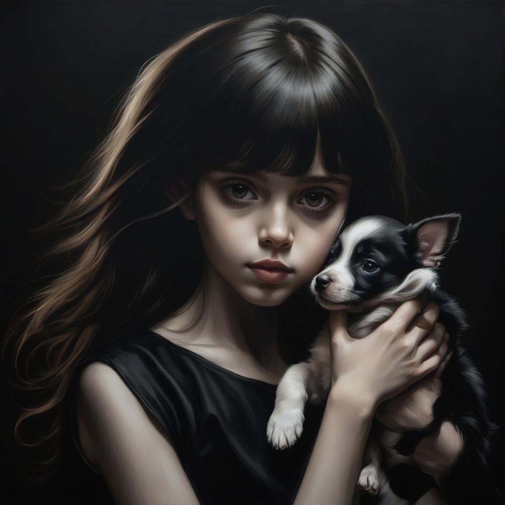  masterpiece. a girl on a black background. a girl with a puppy. graphic painting.