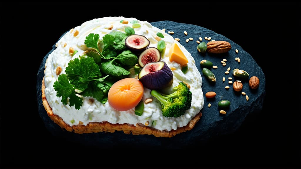  epic realistic, hyperdetailed, (cycles render:1.3), caustics, (glossy:0.58), (artstation:0.82),the inscription ca made of cottage cheese, sour cream, nuts, cheese, parsley, spinach, dried apricots, figs, sesame, beans, broccoli, sardines on a black stone background on the right, on the left there is a lot of free space without product