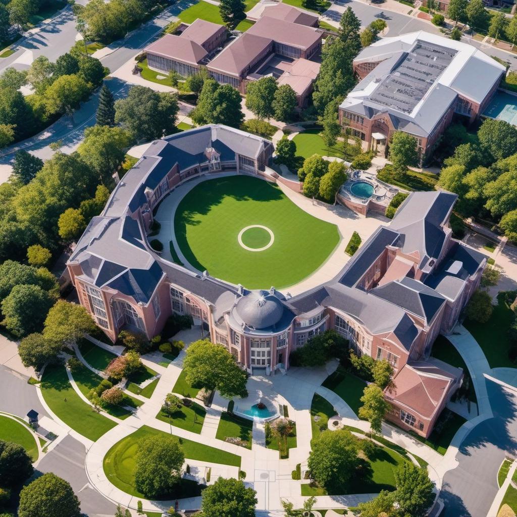  aerial view of a wealthy high school with outdoor courtyard and multi level arches with a grand entrance curb appeal , mystical style