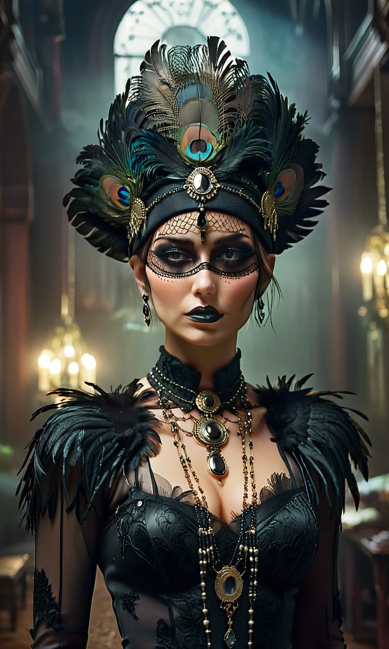  macabre style gatsby feathers in the head . dark, gothic, grim, haunting, highly detailed, perfecteyes, film photography style hyperrealistic, full body, detailed clothing, highly detailed, cinematic lighting, stunningly beautiful, intricate, sharp focus, f/1. 8, 85mm, (centered image composition), (professionally color graded), ((bright soft diffused light)), volumetric fog, trending on instagram, trending on tumblr, HDR 4K, 8K