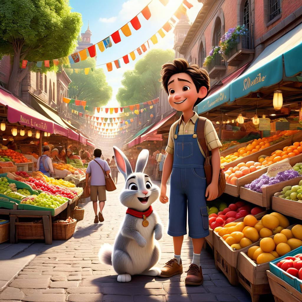  in 3d animated movie style. disney pixar style. jhon, , in casual clothes with a joyful expression. jhon's father, an in a simple outfit, with a warm smile. whiskers, a talking rabbit with a mischievous grin and fluffy fur. in a bustling marketplace filled with colorful stalls selling fruits, flowers, and baked goods. vendors call out their wares under sunlight filtering through tree canopies. high resolution pixar 3d animated film style for intricate details. vint hues dominate, with bright colors from market stalls. soft, warm sunlight creates a welcoming atmosphere. camera angle slightly elevated, tilted to show the busy market. focus on jhon, his father, and whiskers in the foreground, with bustling activity in t