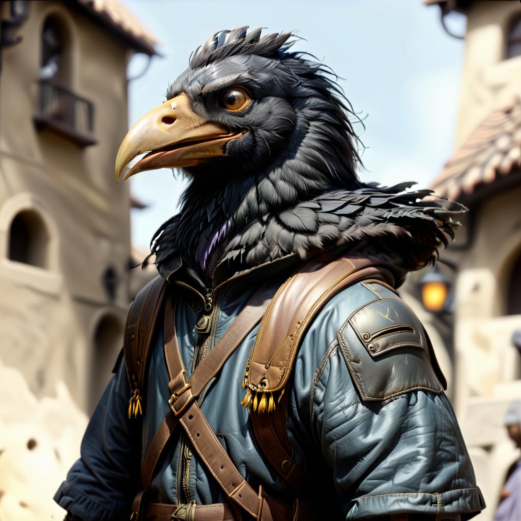  renaissance style black with blue tint avian humanoid race with crow head alchemist, small beak, mischievous yellow eyes, smiling, wearing travelers rags and leather cloak with lots of pockets, has big backpack with pockets, bomb in hand, magical laboratory background . realistic, perspective, light and shadow, religious or mythological themes, highly detailed, civitai