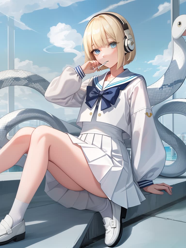  a who smokes a cigarette, a white sailor suit, a white pleated , a whole body, black loafers, blue eyes, blonde bob hair, summer sailor, snake tattoo on legs, one , white sailor suit headphones, 綣 綣, headphones, many hairpins on bangs, masterpiece, best quality,8k,ultra detailed,high resolution,an extremely delicate and beautiful,hyper detail