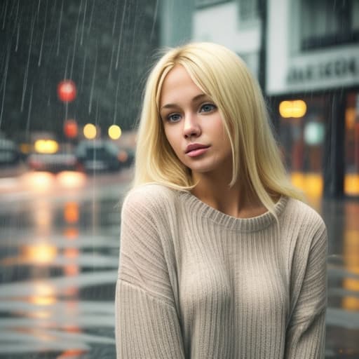  Blonde woman in the rain with a jumper