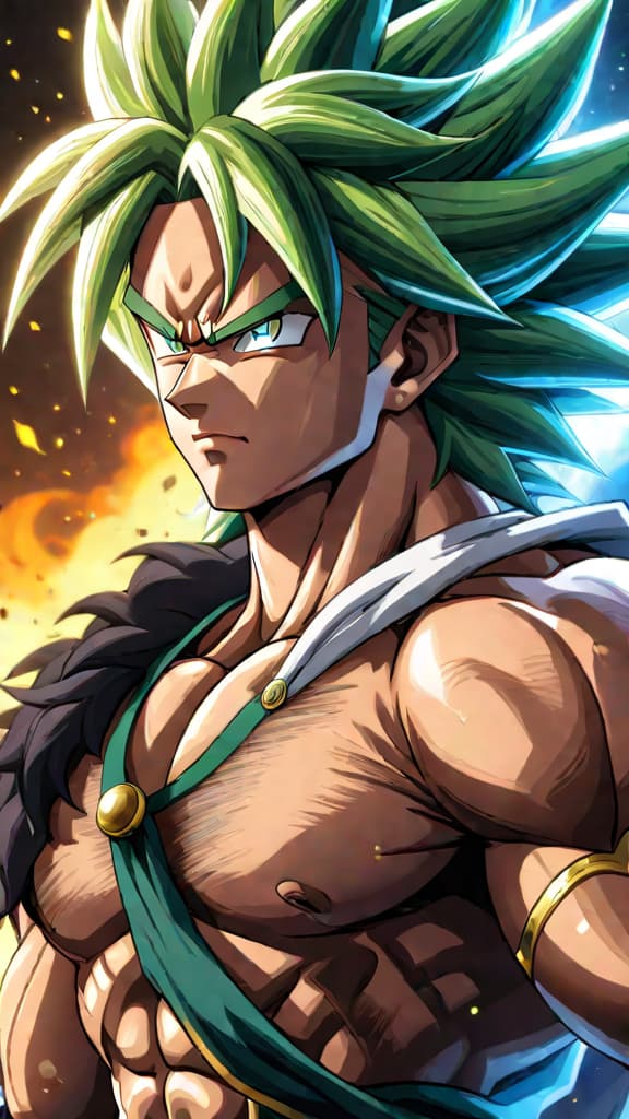  anime art: broly's evolution clashes with black goku's divine might in an epic battle. hyperrealistic, full body, detailed clothing, highly detailed, cinematic lighting, stunningly beautiful, intricate, sharp focus, f/1. 8, 85mm, (centered image composition), (professionally color graded), ((bright soft diffused light)), volumetric fog, trending on instagram, trending on tumblr, HDR 4K, 8K