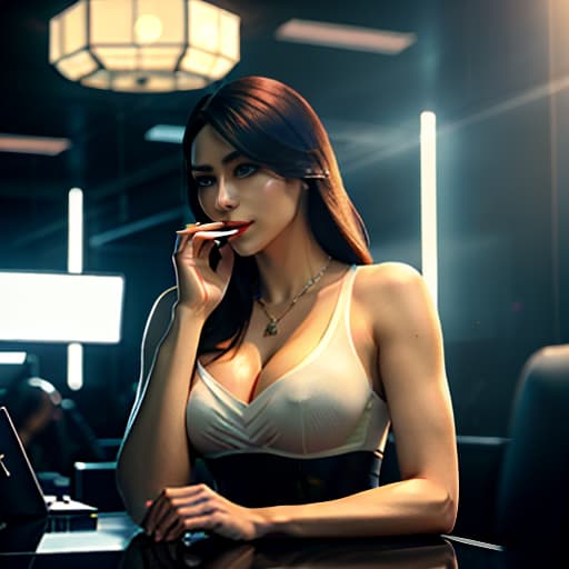  Rassanov and Alex entered a trendy computer club, where a woman who is an escort sits at the counter and smokes a cigarette. hyperrealistic, full body, detailed clothing, highly detailed, cinematic lighting, stunningly beautiful, intricate, sharp focus, f/1. 8, 85mm, (centered image composition), (professionally color graded), ((bright soft diffused light)), volumetric fog, trending on instagram, trending on tumblr, HDR 4K, 8K