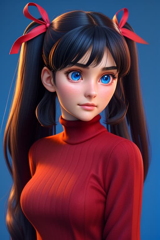  3d, 1 girl, beautiful face,detailed face, high detailed tohsaka rin, solo, long hair, sweater, red sweater, looking at viewer, blue background, black hair, simple background, two side up, turtleneck, blue eyes, lips, closed mouth, ribbon, hair ribbon, bangs, turtleneck sweater, upper body, parted bangs, black ribbon, ribbed sweater, twintails, nose