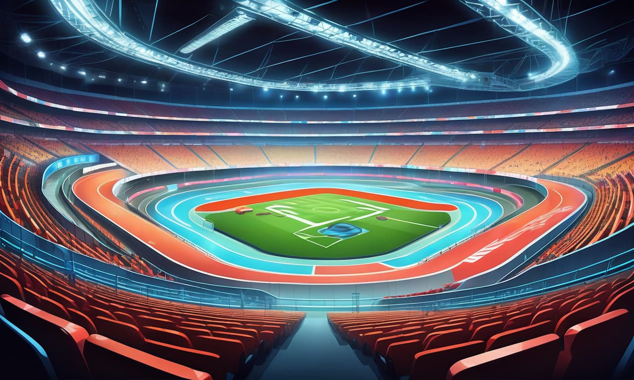  the arena for the battles of cars, racing track, close up, the stands, the view from the inside, floodlights, anime, cartoon style, flat style, bright colors, thin contours, pure colors