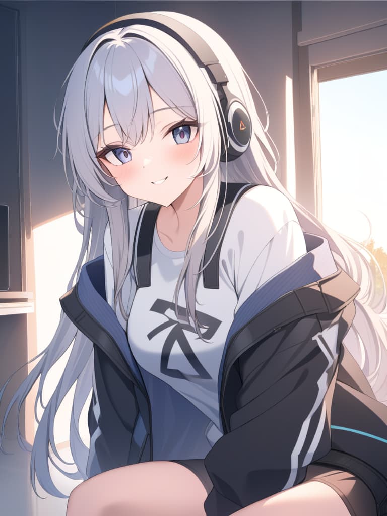  1 pretty girl,upper body,winking,cheek to cheek,semi long,hearts twin tail,gamer,headphones,knit outfit,peach hair elastic, hair,front hyperrealistic, full body, detailed clothing, highly detailed, cinematic lighting, stunningly beautiful, intricate, sharp focus, f/1. 8, 85mm, (centered image composition), (professionally color graded), ((bright soft diffused light)), volumetric fog, trending on instagram, trending on tumblr, HDR 4K, 8K