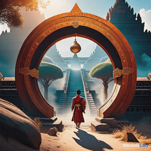  unique fantasy scene, a boy wearing ancient burmese tibet clothing is entering into ancient magic time travel portal, ancient bagan kingdom hyperrealistic, full body, detailed clothing, highly detailed, cinematic lighting, stunningly beautiful, intricate, sharp focus, f/1. 8, 85mm, (centered image composition), (professionally color graded), ((bright soft diffused light)), volumetric fog, trending on instagram, trending on tumblr, HDR 4K, 8K