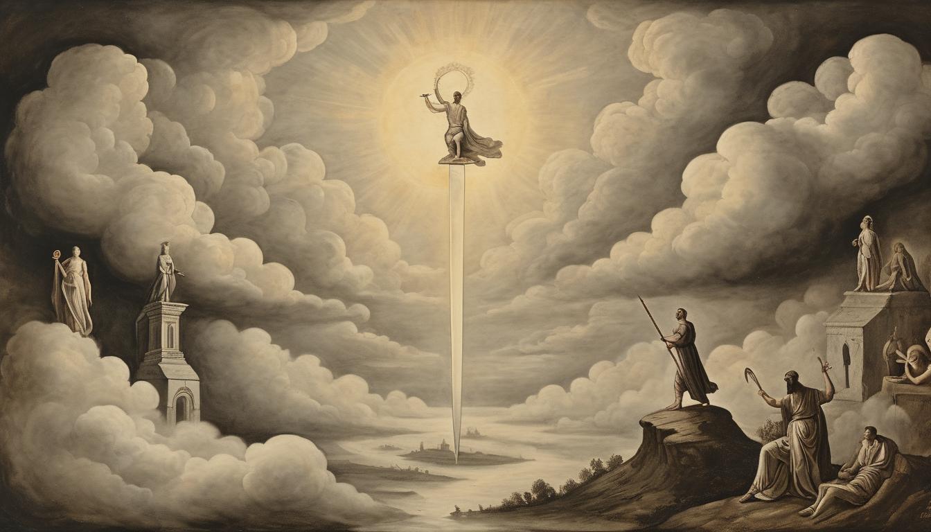  on parchment, surrealism++, heavenly being, ethereal glow, wielding a sword of light, descending from clouds, figures cowering in fear below, sense of divine judgment and authority, dramatic tension(mysterious, provocative, symbolic)++