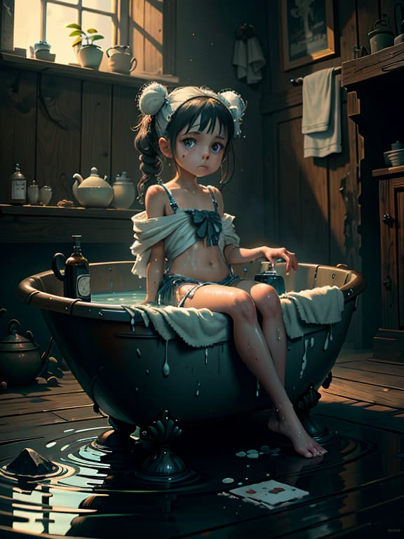  master piece, best quality, ultra detailed, highres, 4k.8k, Young , Sitting in a , Innocent, BREAK A young sold to a by her parents., house, Water, soap, towel, tub, BREAK Steamy and surreal, Glistening and appearance, cart00d