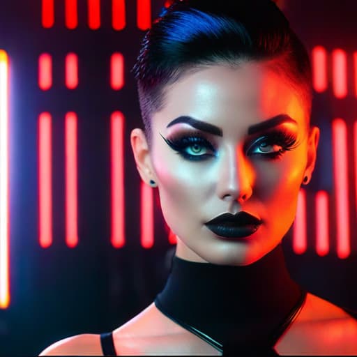  ultra realistic close up portrait ((beautiful pale cyberpunk female with heavy black eyeliner)), blue eyes, shaved side haircut, hyper detail, cinematic lighting, magic neon, dark red city, canon eos r3, nikon, f/1.4, iso 200, 1/160s, 8k, raw, unedited, symmetrical balance, in frame, 8k hyperrealistic, full body, detailed clothing, highly detailed, cinematic lighting, stunningly beautiful, intricate, sharp focus, f/1. 8, 85mm, (centered image composition), (professionally color graded), ((bright soft diffused light)), volumetric fog, trending on instagram, trending on tumblr, HDR 4K, 8K