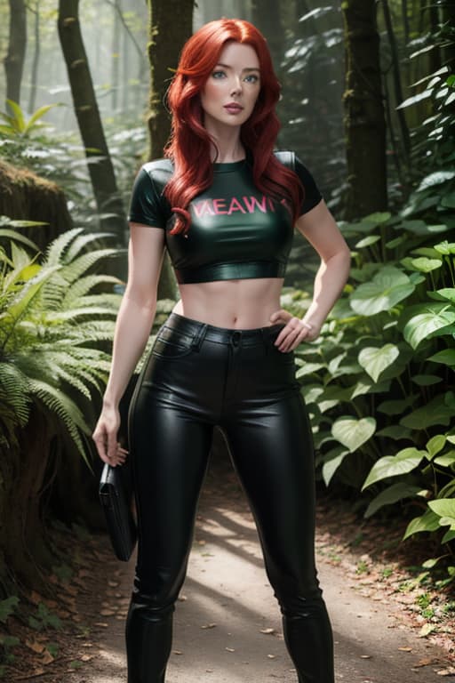  Bridget Regan with red hair, ((green eyes)), neon green crop cotton T-shirt, black leather pants, ivy, in the woods