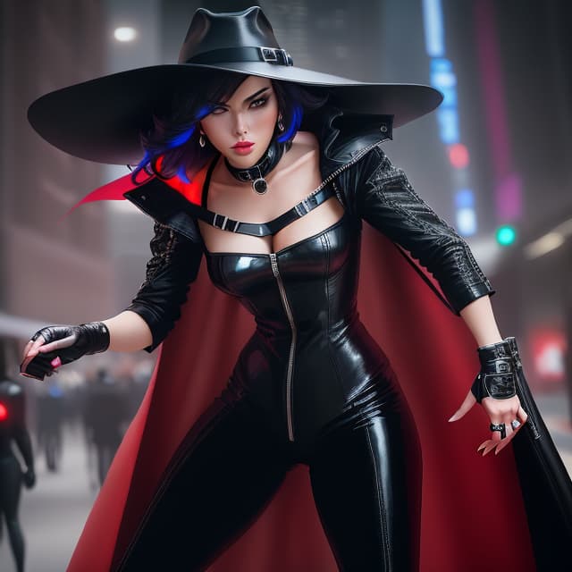  Cybersix appears as a woman and typically wears her black leather bodysuit, high heels, redlined cape, fedora-like hat and fingerless gloves, cinematic style, hyperrealistic, high quality, highly detailed, perfect lighting, intricate, sharp focus, f/1. 8, 85mm, (centered image composition), (professionally color graded), ((bright soft diffused light)), trending on instagram, HDR 4K, 8K