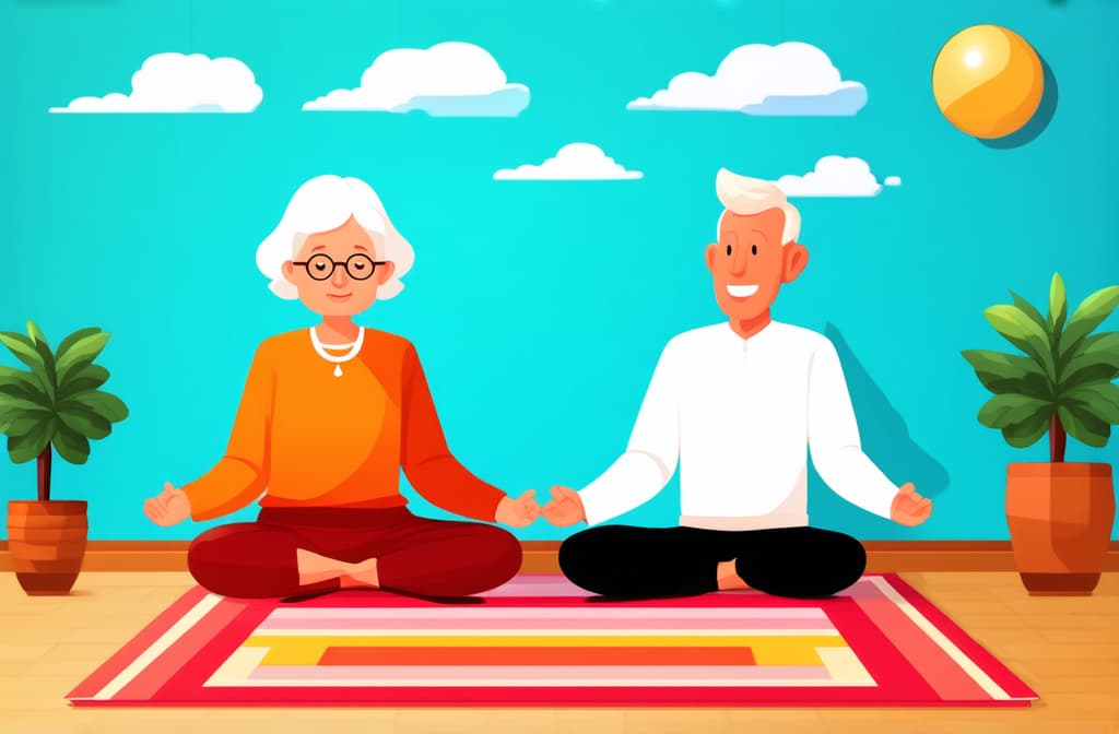  cute old lady and man sitting on the rug and meditating. style flat illustration ar 3:2 {prompt}, maximum details