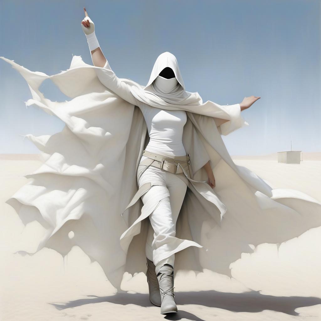  a very thin, slim girl with a black spot instead of a face, with a white scarf on the bottom of her face, in a white suit of white bandages, in white sleeves, with natural fingers in white gloves, in white pants, in a white ragged cloak, with large round holes throughout the area of the cloak, in laced grey shoes. hands up. a pointed hood. big square buckles. three wide belts on the belt. gray laced shoes.