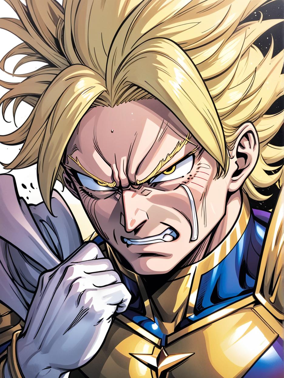  manga artwork generate me a picture of donald trump looking similar to all might from my hero academia anime. manga artist. manga, highly emotional. best quality, high resolution