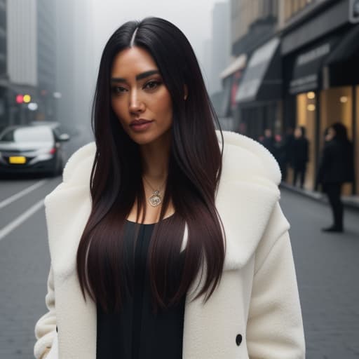  A woman with long hair and a black jacket is looking at the camera. hyperrealistic, full body, detailed clothing, highly detailed, cinematic lighting, stunningly beautiful, intricate, sharp focus, f/1. 8, 85mm, (centered image composition), (professionally color graded), ((bright soft diffused light)), volumetric fog, trending on instagram, trending on tumblr, HDR 4K, 8K