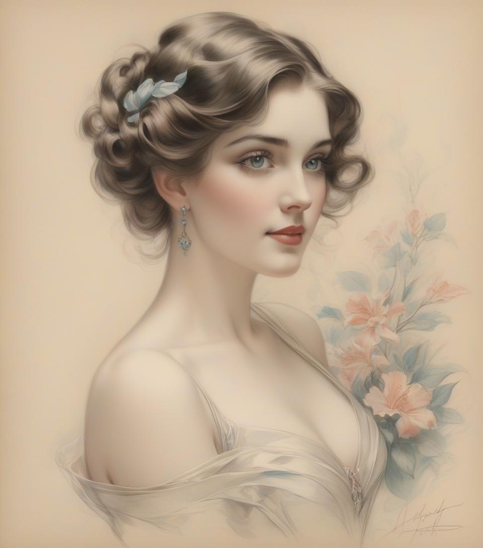  portrait of a beautiful woman, harrison fisher, colored pencil art, black pencil on antique paper, intricate detai