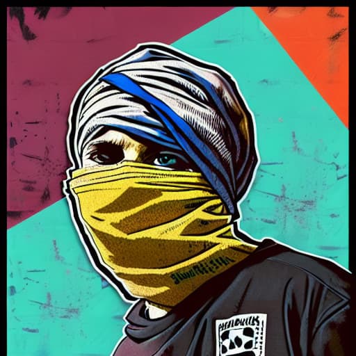  arafed image of a man with a blue bandana covering his face, kid a, capitol riot, punk art, style of shepherd fairey, islandpunk, raised fist, art cover, style of banksy, flag in hands up, techno punk, reallism, wlop |, industrialpunk papier colle, propaganda print, (ukrainian symbols)