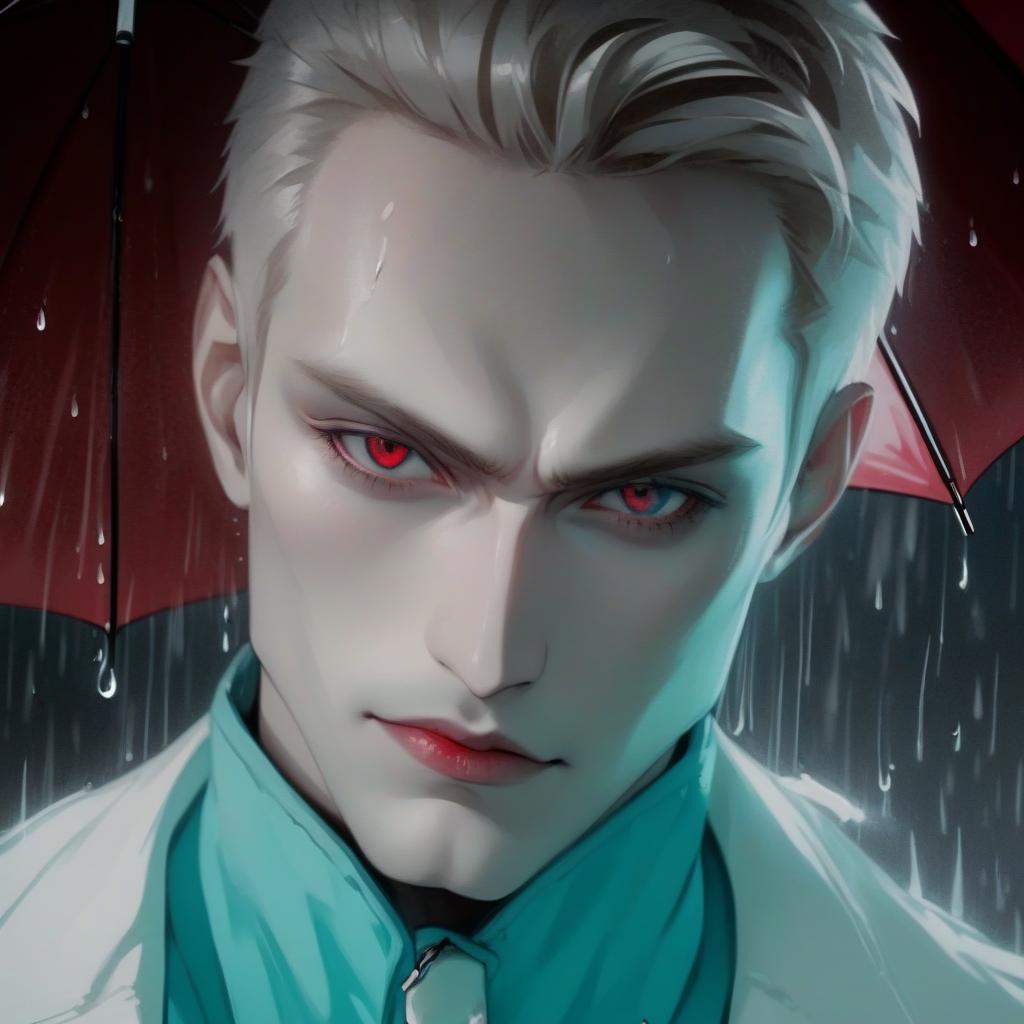  manga style man. vampire. pale skin. beautiful eyes. in a white jacket. under a red umbrella. rain. . vibrant, high energy, detailed, iconic, japanese comic style