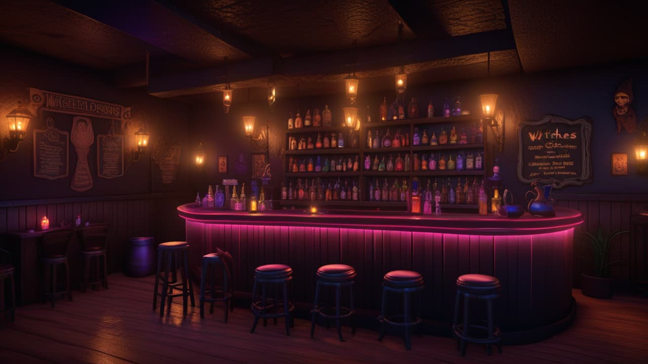  a dark and cozy karaoke bar with a stage, themed for witches, with a stage, mini cauldrons on the tables, and candles for light. a bar on the side with drinks that looks like potions., high quality, high details, hd, perfect composition, 4k epic detailed, highly detailed, sharp focus, high resolution