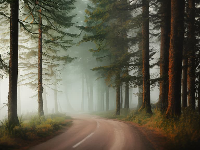  The road leads through a coniferous forest shrouded in fog, with cracks on the ground, and crows flying in the sky. hyperrealistic, full body, detailed clothing, highly detailed, cinematic lighting, stunningly beautiful, intricate, sharp focus, f/1. 8, 85mm, (centered image composition), (professionally color graded), ((bright soft diffused light)), volumetric fog, trending on instagram, trending on tumblr, HDR 4K, 8K
