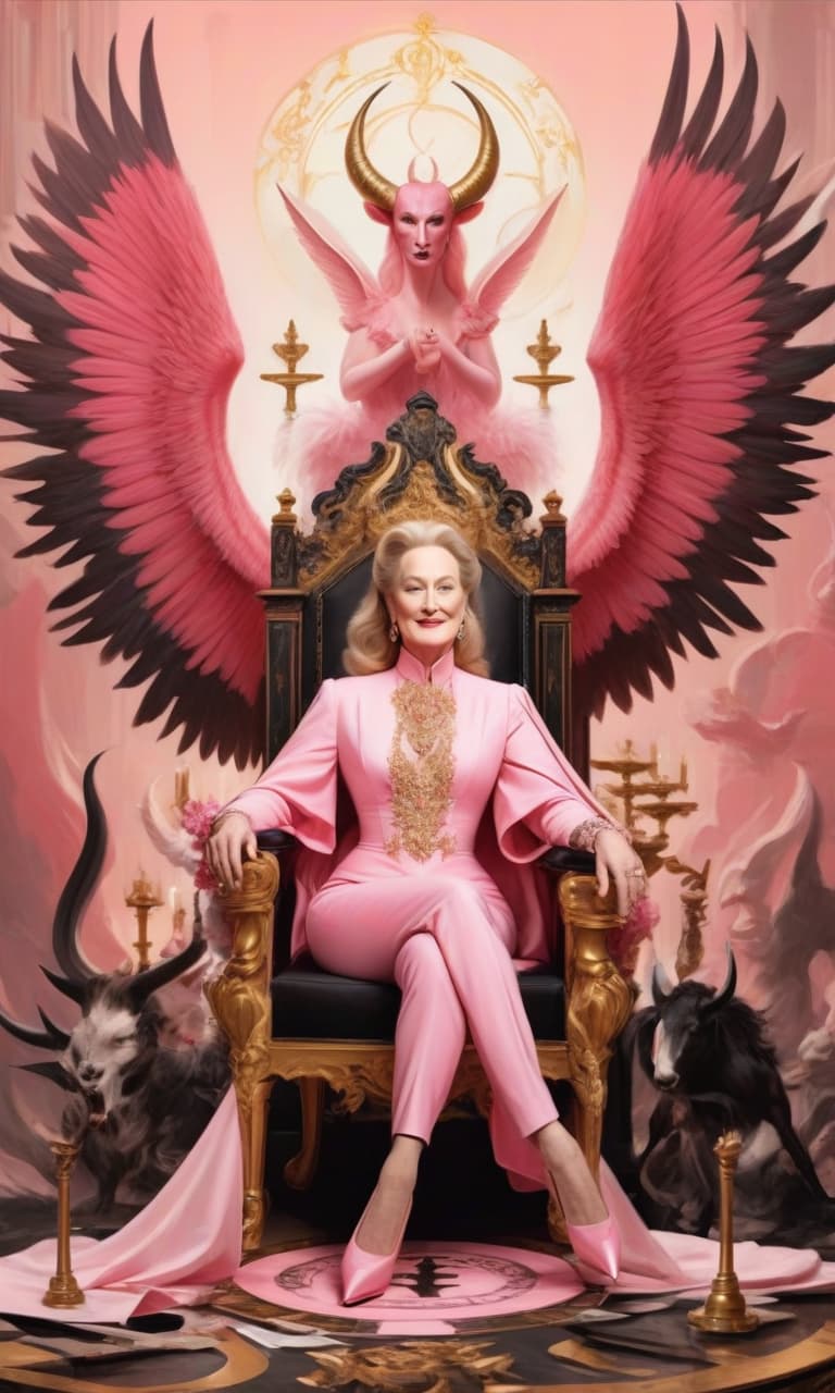  concept art color pink, white, black, gold meryl streep. devil . digital artwork, illustrative, painterly, matte painting, highly detailed, perfect hands