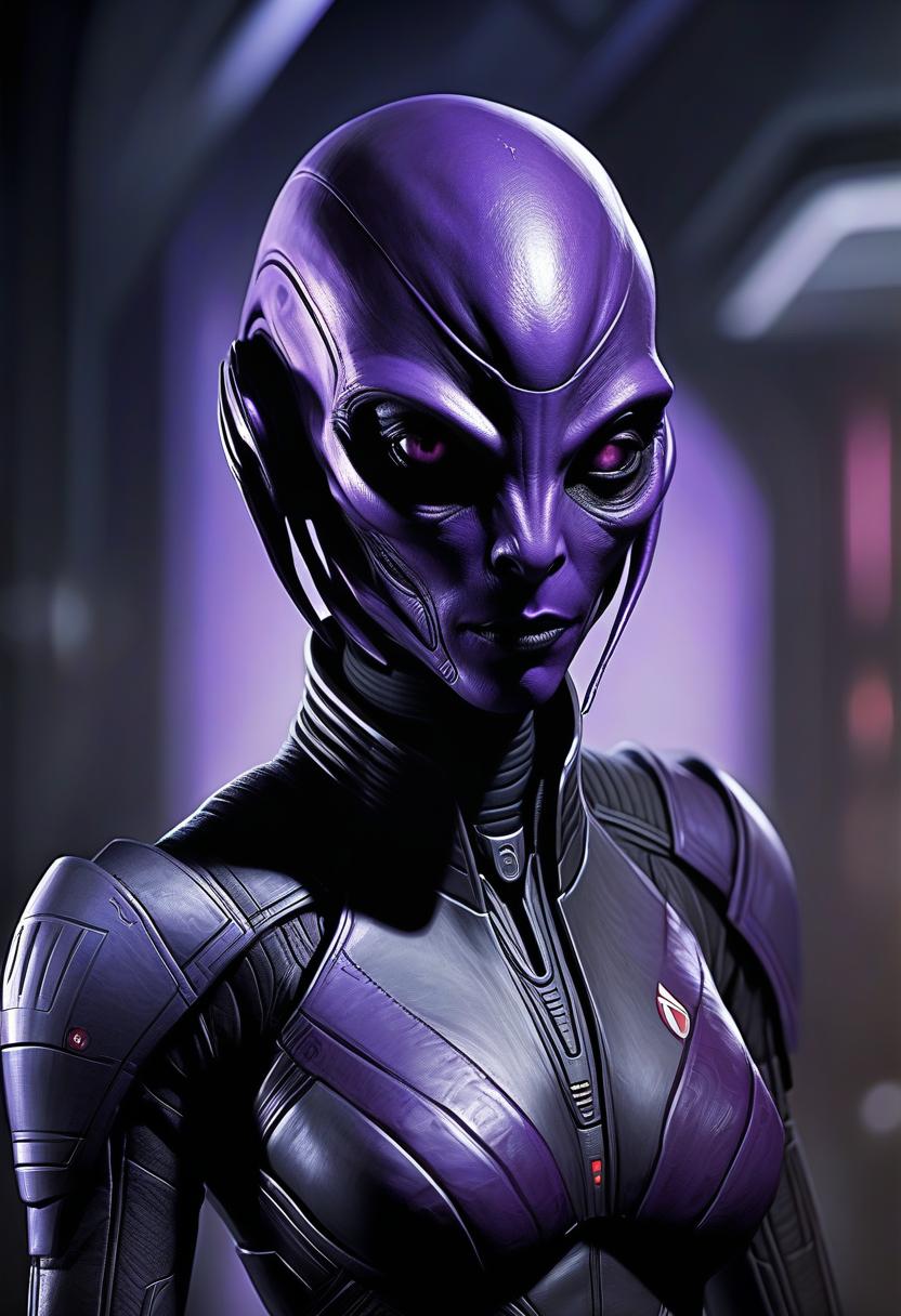  solo, photorealism, high detailed, mass effect reference, charatcer, alien, tali zora, quarian, in mask, original desine, purple and black