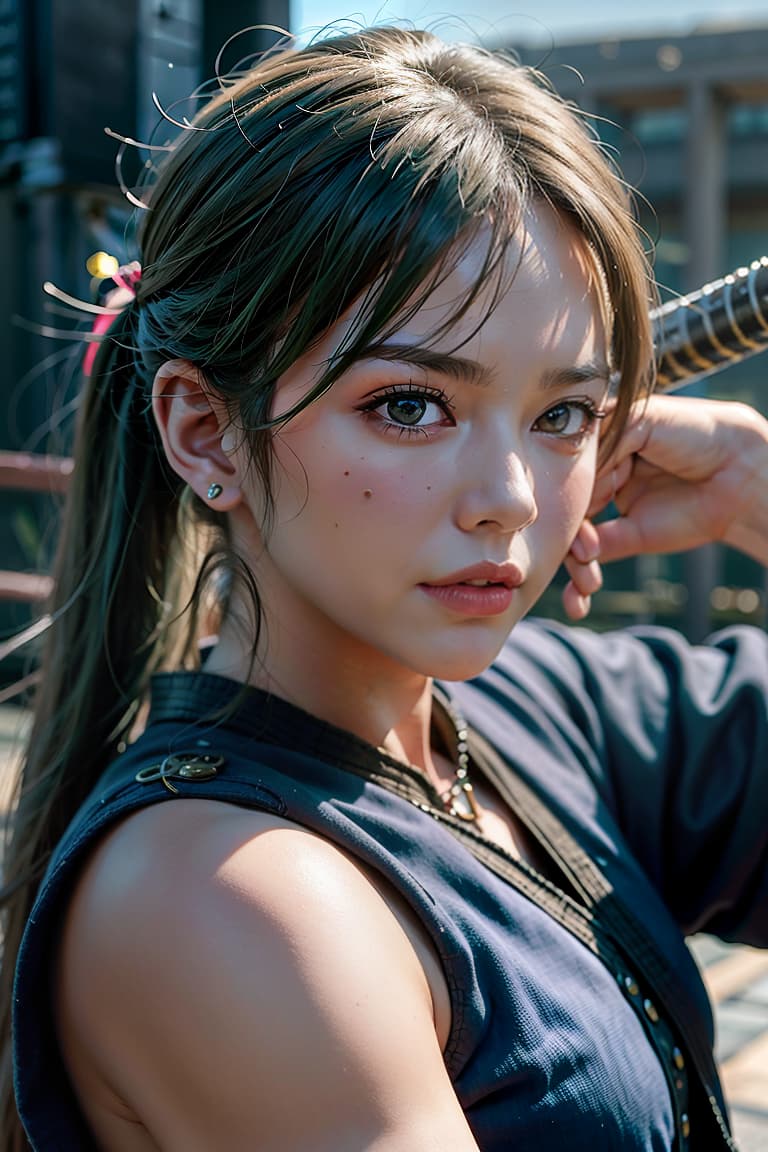  ultra high res, (photorealistic:1.4), raw photo, (realistic face), realistic eyes, (realistic skin), <lora:xxmix9 v20lora:0.8>, ((((masterpiece)))), best quality, very high resolution, ultra detailed, in frame, zoro, swordsman, three swords, epic battle, anime character, green hair, muscular physique, intense gaze, fighting stance, black bandana, katana, pirate, strong jawline, determined expression, cool demeanor, iconic outfit, combat skills, shishi sonson, santoryu style