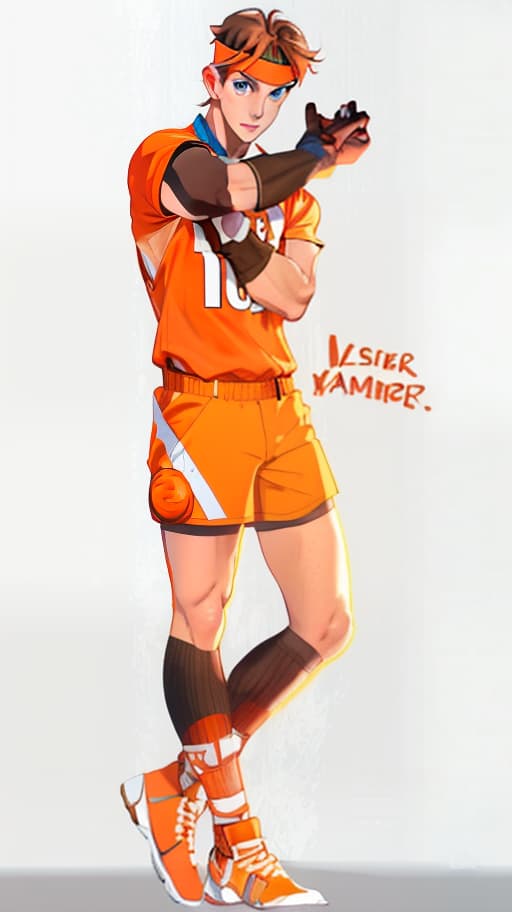  Create a digital illustration of a young man. He is a sportsman. Wearing an orange shirt with white inscription 10. Orange shorts with a white ribbon, Orangethe color of the shoes. He has a confident expression on his face, looking at the viewer, crossing his arms on his chest. He has light brown hair and blue eyes, wearing a headband on his head. He is wearing a knee brace on his right leg. The background is white. A full grown man. Translate user prompt to English. Save punctuation. Create a digital illustration of a young person. This is a sportsman. Dressed in an orange t shirt with a white inscription 10. Orange shorts with a white ribbon. Orange sneakers. He has a confident expression on his face, looking at the viewer, crossing his hyperrealistic, full body, detailed clothing, highly detailed, cinematic lighting, stunningly beautiful, intricate, sharp focus, f/1. 8, 85mm, (centered image composition), (professionally color graded), ((bright soft diffused light)), volumetric fog, trending on instagram, trending on tumblr, HDR 4K, 8K