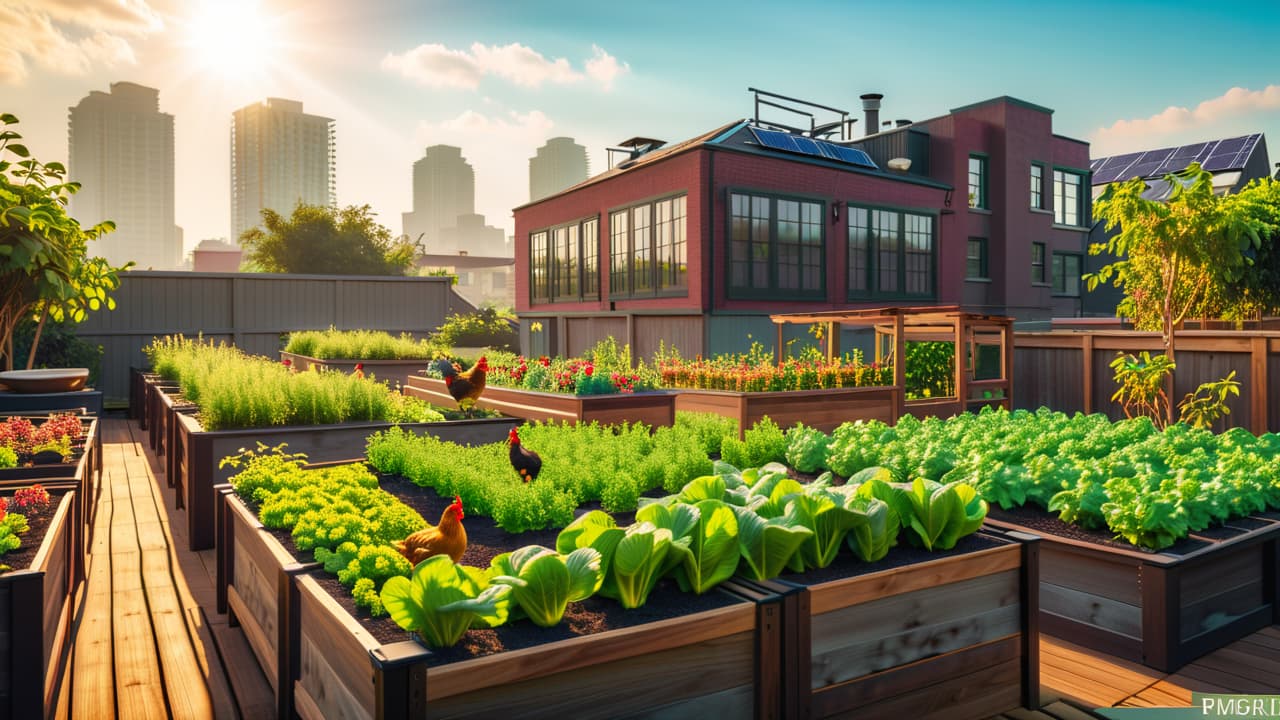  a vibrant urban homestead with raised garden beds, chickens pecking in a small yard, solar panels on a rooftop, and city buildings in the background, showcasing a harmonious blend of nature and urban living. hyperrealistic, full body, detailed clothing, highly detailed, cinematic lighting, stunningly beautiful, intricate, sharp focus, f/1. 8, 85mm, (centered image composition), (professionally color graded), ((bright soft diffused light)), volumetric fog, trending on instagram, trending on tumblr, HDR 4K, 8K