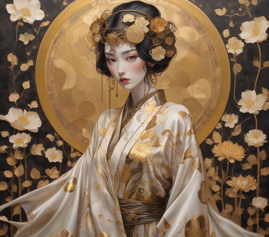  a mystical artwork with a female figure adorned with floral headpiece and golden attire, exuding an ethereal, otherworldly charm. imagine an intricately detailed image of a steampunk geisha, her vivid eyes with a dreaming look sparkle beneath long lashes. she is dressed in a gossamer silk kimono, embodying high contrast and decorative designs reminiscent of the art deco era. the portrait seamlessly integrates a mixed media collage approach for added dimension and texture. it pays homage to the flat, decorative patterns and vivid, unnatural colors championed by the symbolist movement (gustav klimt) and pre raphaelite (botticelli) artists, rendered with the depth and richness of oil painting. elements of kintsugi, using gold and oxidized cop