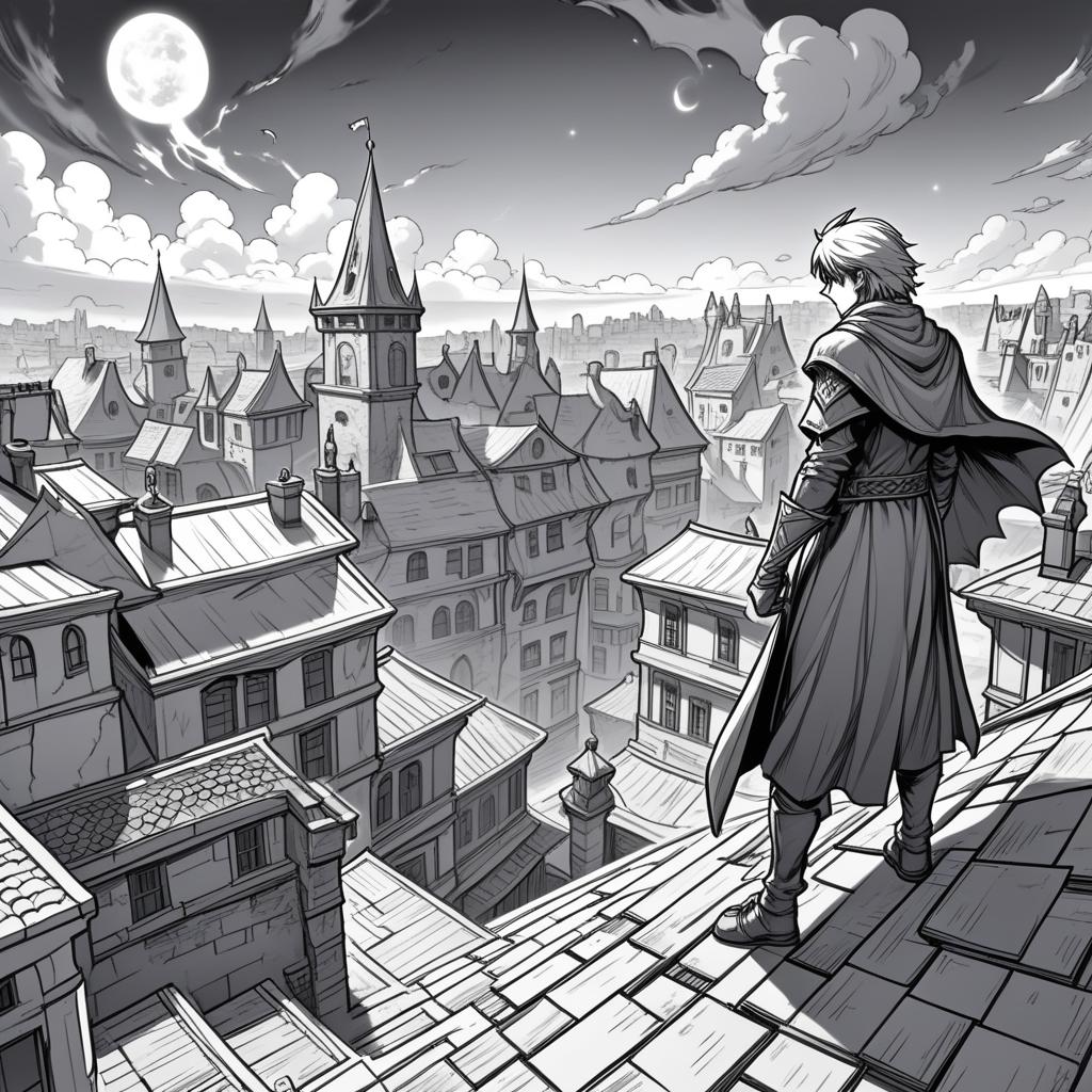  manga artwork fantasy, greyscale monochrome, manga materials, mage duel on the rooftop with view on fantasy town. manga artist. manga, highly emotional. best quality, high resolution