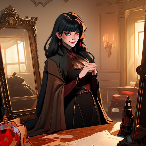  A beautiful vampire girl in an antique black red dress stands by a mirror in an abandoned room. She looks at us in fear. In the reflection, we see a zombie looking at us., Photorealistic, Hyperrealistic, Hyperdetailed, analog style, demure, detailed skin, pores, smirk, smiling eyes, matte skin, soft lighting, subsurface scattering, realistic, heavy shadow, masterpiece, best quality, ultra realistic, 8k, golden ratio, Intricate, High Detail, film photography, soft focus hyperrealistic, full body, detailed clothing, highly detailed, cinematic lighting, stunningly beautiful, intricate, sharp focus, f/1. 8, 85mm, (centered image composition), (professionally color graded), ((bright soft diffused light)), volumetric fog, trending on instagram, trending on tumblr, HDR 4K, 8K