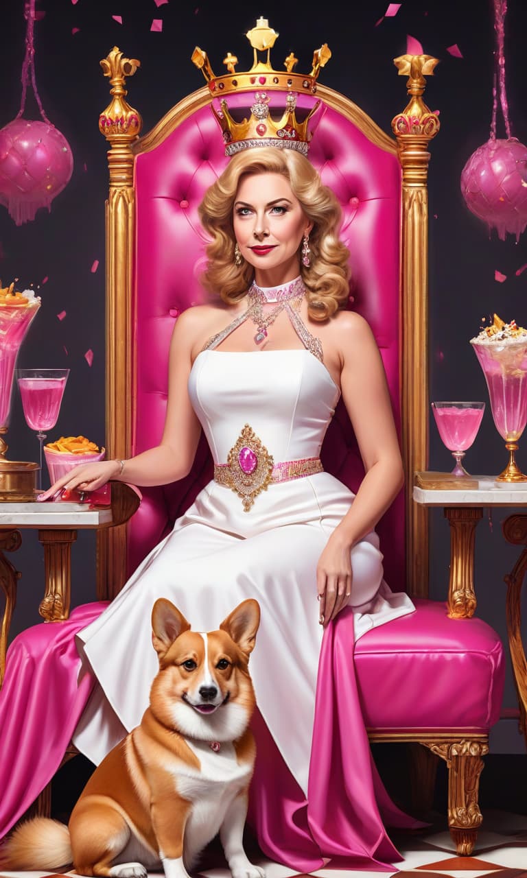  concept art tarot color pink, white, black, gold queen elizabeth 2 in a chic white dress with crystals, in the crown burgerking sits on a full length chair elizabeth 2 in the hands of a large and juicy burger there are corgis sitting next to the chair . digital artwork, illustrative, painterly, matte painting, highly detailed, perfect hands