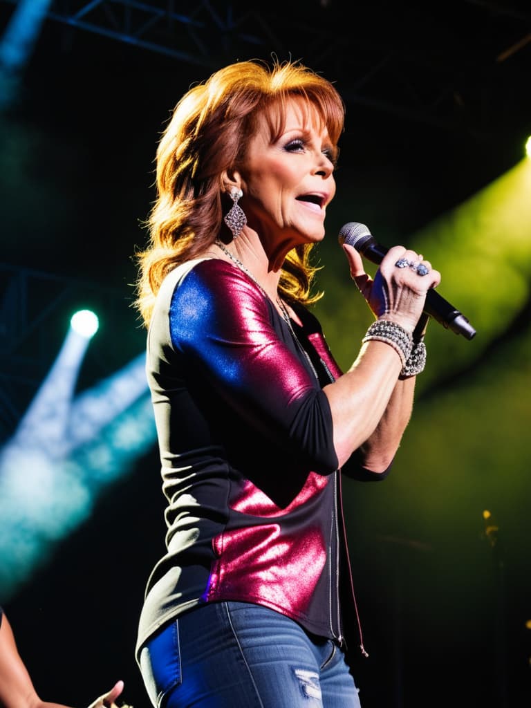  Country singer, Reba McIntyre, on stage, medium shot, upper body, spotlight, long exposure lighting, street art style spray paint, glamour lighting