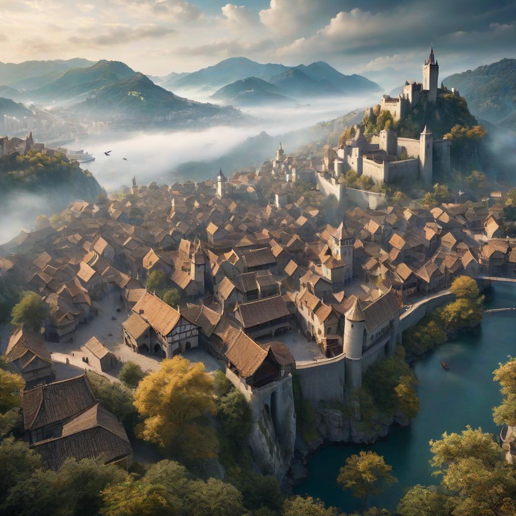  landscape. view of the medieval city from a bird's eye view, hkmagic hyperrealistic, full body, detailed clothing, highly detailed, cinematic lighting, stunningly beautiful, intricate, sharp focus, f/1. 8, 85mm, (centered image composition), (professionally color graded), ((bright soft diffused light)), volumetric fog, trending on instagram, trending on tumblr, HDR 4K, 8K