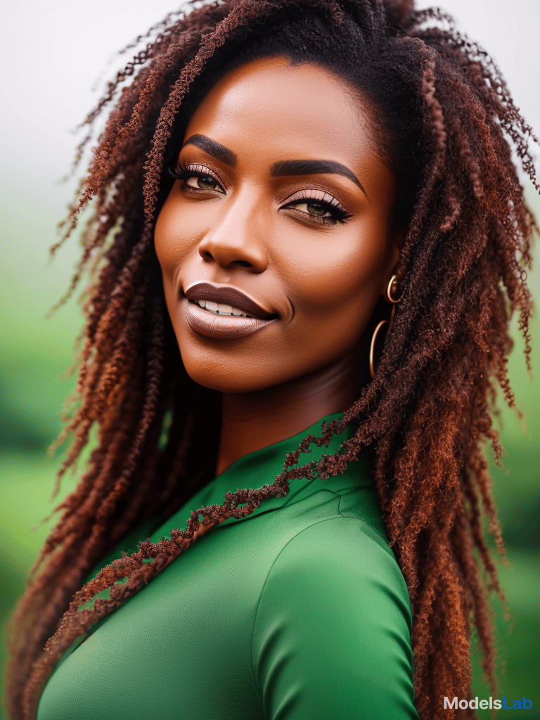  the portrait of a single gorgeous black skin woman with red hairs and green eyes. the skin has to be ebony black. nicely dressed hyperrealistic, full body, detailed clothing, highly detailed, cinematic lighting, stunningly beautiful, intricate, sharp focus, f/1. 8, 85mm, (centered image composition), (professionally color graded), ((bright soft diffused light)), volumetric fog, trending on instagram, trending on tumblr, HDR 4K, 8K