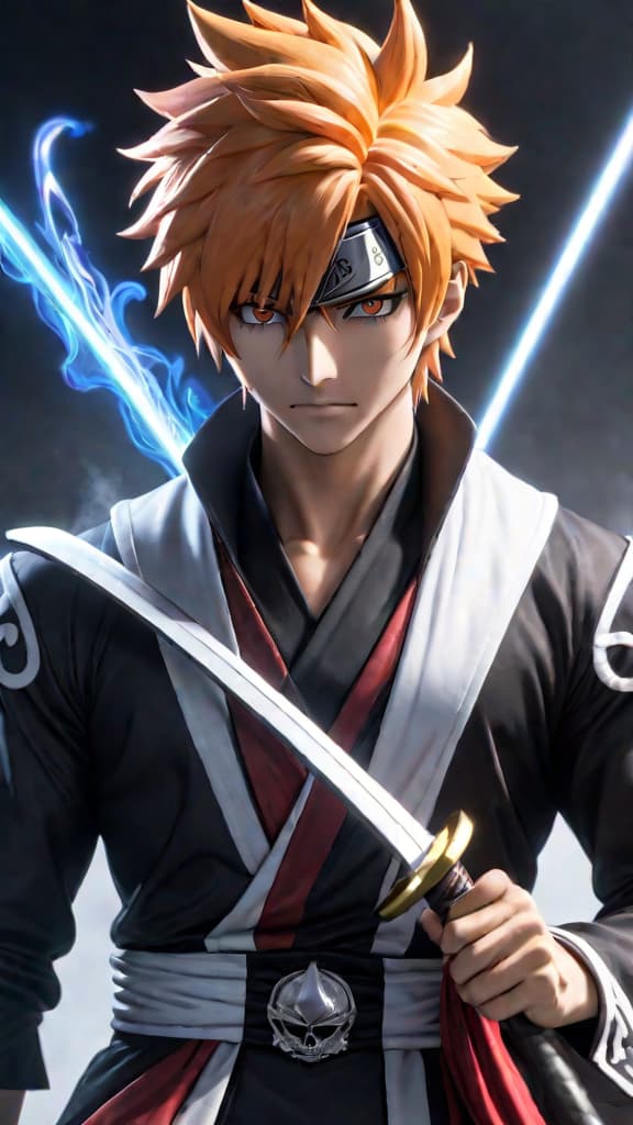  create an anime art showing ichigo kurosaki's fusion of quincy and hollow powers from bleach. hyperrealistic, full body, detailed clothing, highly detailed, cinematic lighting, stunningly beautiful, intricate, sharp focus, f/1. 8, 85mm, (centered image composition), (professionally color graded), ((bright soft diffused light)), volumetric fog, trending on instagram, trending on tumblr, HDR 4K, 8K